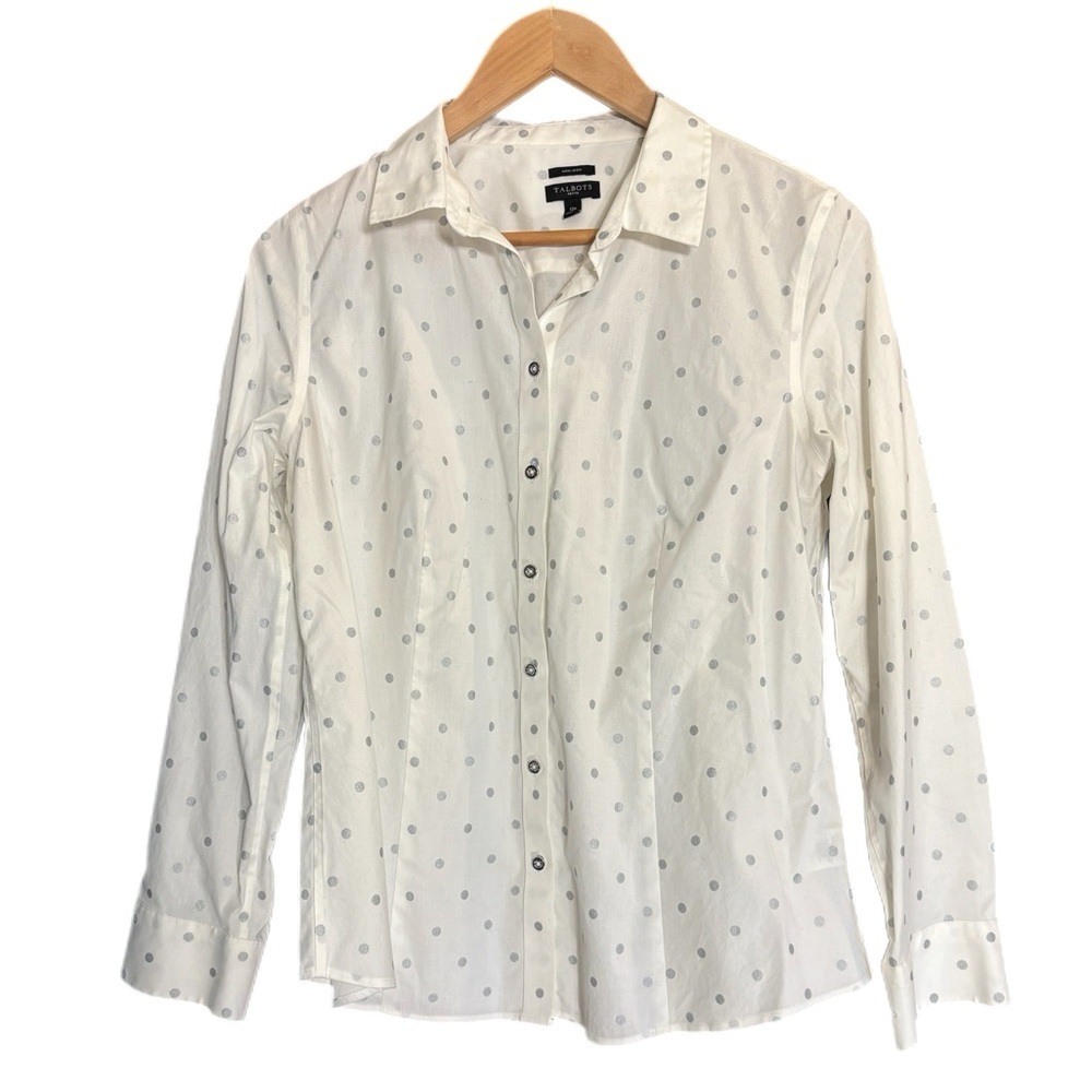 Talbots white long sleeve button up w/ silver polka dots